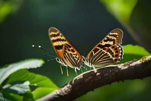 dois borboletas estão sentado em uma ramo. gerado por IA foto
