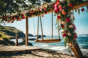 uma balanço em a de praia com flores e uma de madeira quadro. gerado por IA foto