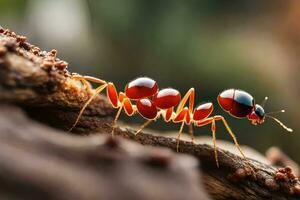 uma vermelho formiga formiga rastejando em uma ramo. gerado por IA foto