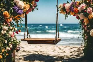 uma balanço em a de praia com flores e uma de madeira quadro. gerado por IA foto