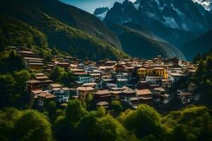 a Vila do tibetano pessoas dentro a montanhas. gerado por IA foto