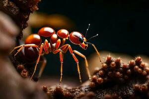 uma vermelho formiga é em pé em uma peça do madeira. gerado por IA foto