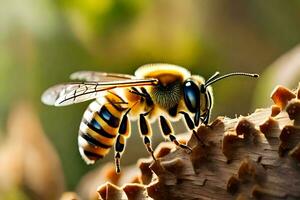 uma abelha é sentado em uma árvore ramo. gerado por IA foto