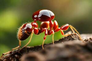 uma vermelho formiga com Está cabeça em a chão. gerado por IA foto