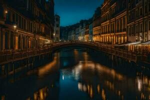 uma ponte sobre uma canal às noite dentro uma cidade. gerado por IA foto