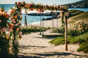 uma balanço em a de praia com flores e uma de madeira quadro. gerado por IA foto