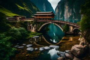 uma ponte sobre uma rio dentro China. gerado por IA foto