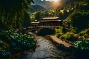 uma ponte sobre uma rio dentro a montanhas. gerado por IA foto
