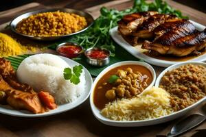 uma mesa com uma variedade do pratos Incluindo arroz, frango e legumes. gerado por IA foto