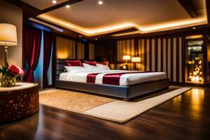 uma cama ou camas dentro uma quarto às a hotel. gerado por IA foto