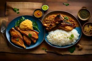 indiano Comida com arroz e frango. gerado por IA foto