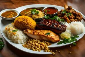 uma prato do Comida com arroz, carne e legumes. gerado por IA foto