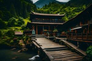 uma de madeira ponte conduz para uma chinês casa dentro a montanhas. gerado por IA foto