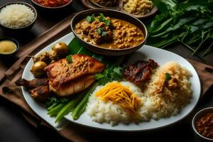 uma prato do Comida com arroz, carne e legumes. gerado por IA foto