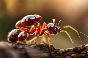 uma vermelho formiga é rastejando em uma ramo. gerado por IA foto