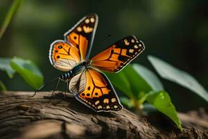 a laranja borboleta senta em topo do uma árvore porta-malas. gerado por IA foto