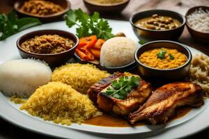 uma prato do Comida com arroz, carne e legumes. gerado por IA foto