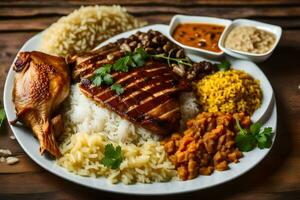 uma prato do Comida com arroz, feijões, frango e legumes. gerado por IA foto