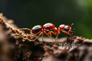 uma vermelho formiga é caminhando em uma árvore porta-malas. gerado por IA foto