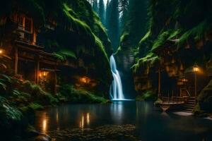 uma cascata dentro a meio do uma floresta. gerado por IA foto