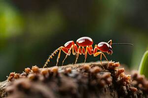 uma vermelho formiga é em pé em topo do uma registro. gerado por IA foto