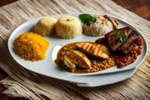 a Comida é servido em uma branco prato com arroz, frango, e arroz. gerado por IA foto