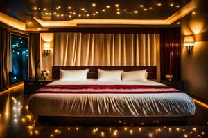 uma quarto com uma cama e luzes em a teto. gerado por IA foto