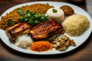 uma prato do Comida com arroz, carne e legumes. gerado por IA foto