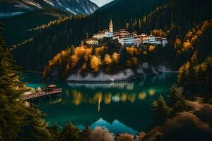 uma lindo lago cercado de montanhas e árvores gerado por IA foto