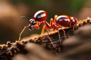 uma vermelho formiga é em pé em uma ramo. gerado por IA foto