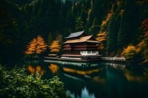 uma pagode senta em a Beira do uma lago cercado de árvores gerado por IA foto