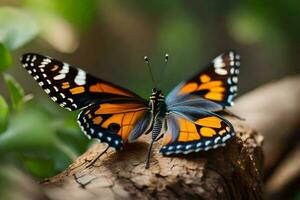 uma borboleta com laranja e Preto asas é sentado em uma ramo. gerado por IA foto