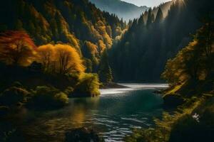 outono panorama com árvores e rio. gerado por IA foto