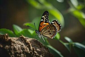 uma borboleta é sentado em uma árvore porta-malas. gerado por IA foto