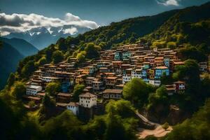 colorida casas em uma encosta dentro a montanhas. gerado por IA foto