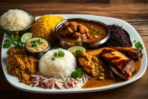 uma prato do Comida com arroz, frango, e de outros pratos. gerado por IA foto