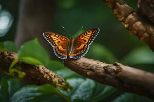 uma borboleta senta em uma ramo dentro a floresta. gerado por IA foto