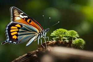 uma borboleta é sentado em uma ramo com verde folhas. gerado por IA foto