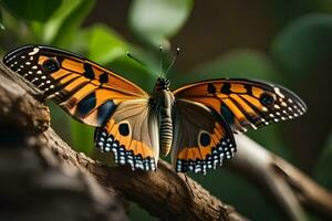 uma borboleta com laranja e Preto asas é sentado em uma ramo. gerado por IA foto