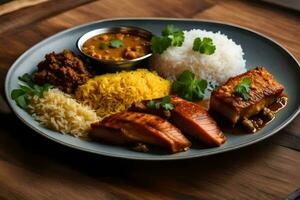 uma prato do Comida com arroz, carne e arroz. gerado por IA foto