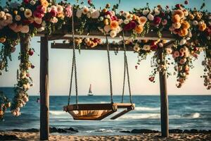 uma balanço em a de praia com flores gerado por IA foto