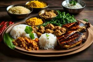 frango, arroz, e legumes em uma de madeira mesa. gerado por IA foto