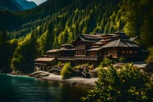 uma japonês casa em a costa do uma lago. gerado por IA foto