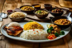 indiano Comida em uma de madeira mesa. gerado por IA foto