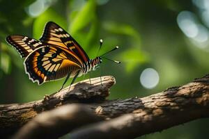 uma borboleta é sentado em uma ramo dentro a floresta. gerado por IA foto