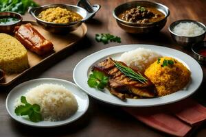 uma mesa com pratos do comida, arroz e eu no. gerado por IA foto