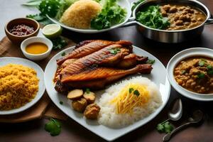 uma mesa com Comida e taças do arroz, carne e legumes. gerado por IA foto