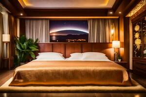 uma cama ou camas dentro uma quarto às a hotel. gerado por IA foto
