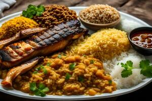 uma prato do Comida com arroz, frango, e legumes. gerado por IA foto