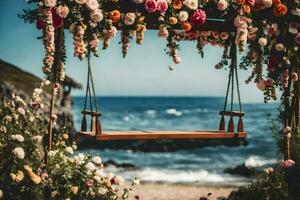 uma balanço com flores em a de praia. gerado por IA foto